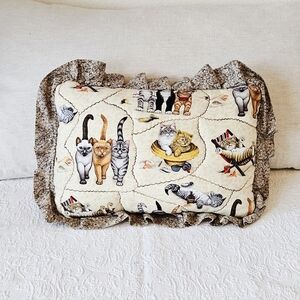 Vintage Quilted CAT Throw Pillow w Ruffles 12x17 Handmade Poly\Cotton CHEEKY!